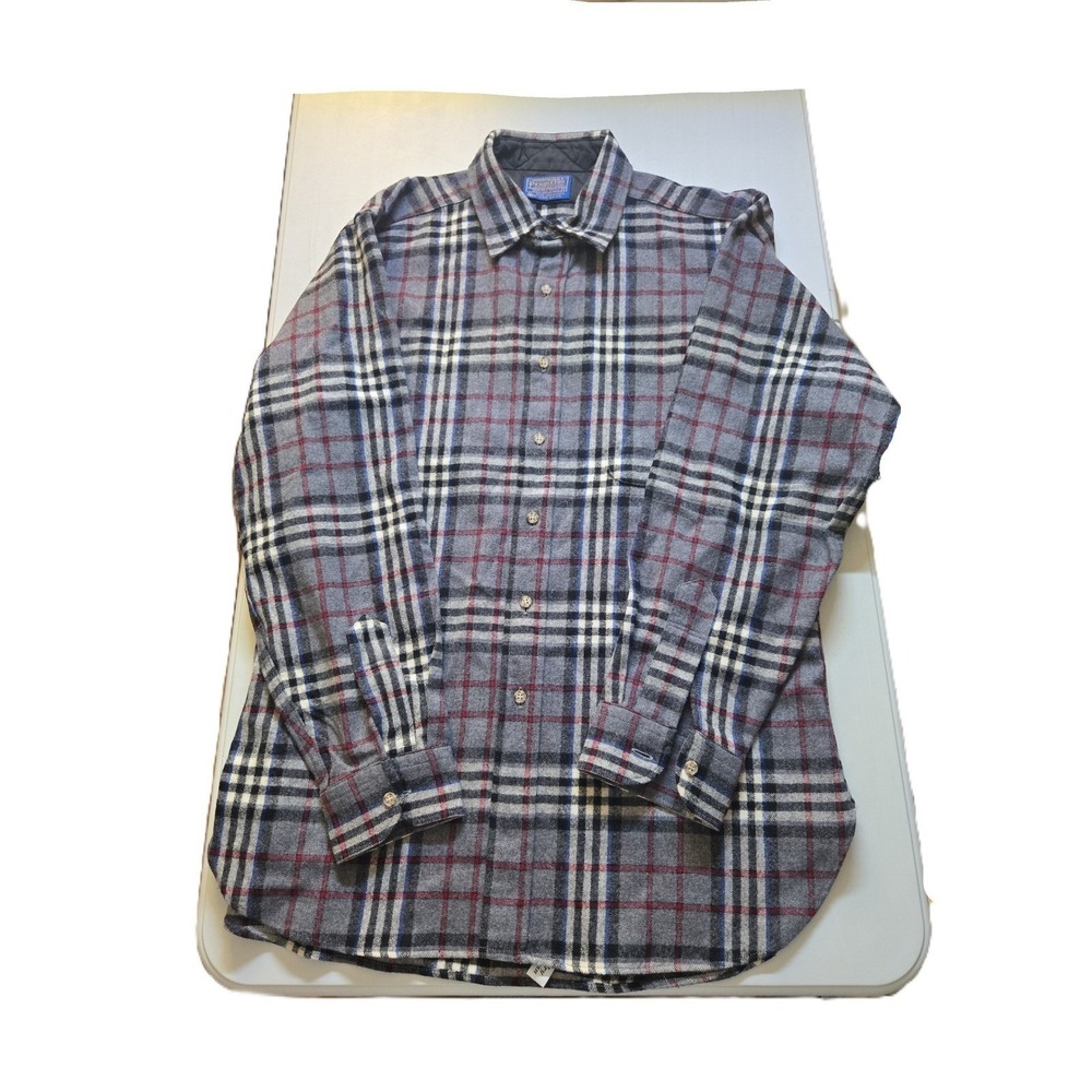 Pendleton Wool Plaid Button Down Shirt Men's Size Large Grey Red Blue Classic